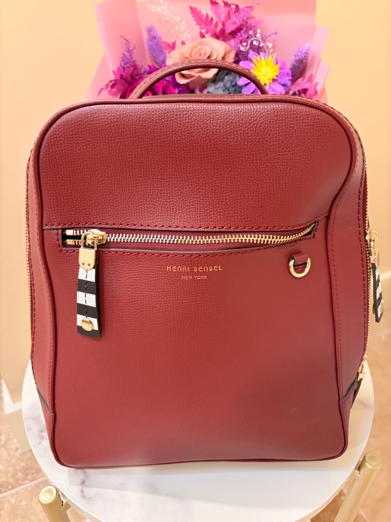 Henri Bendel Burgundy Leather Backpack With Gold Hardware
